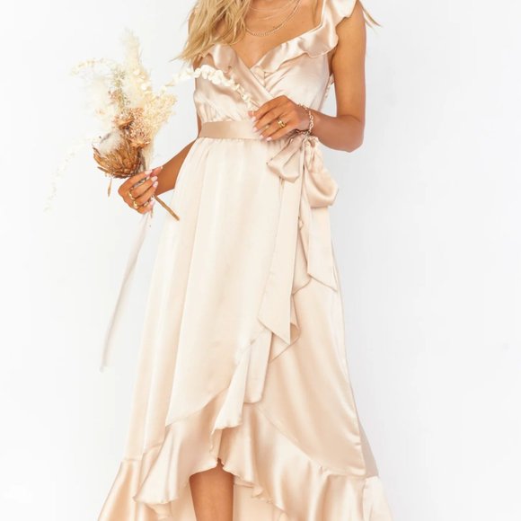 Show Me Your Mumu Samantha Ruffle Wrap Dress Champagne Luxe Satin XXS - Picture 2 of 4